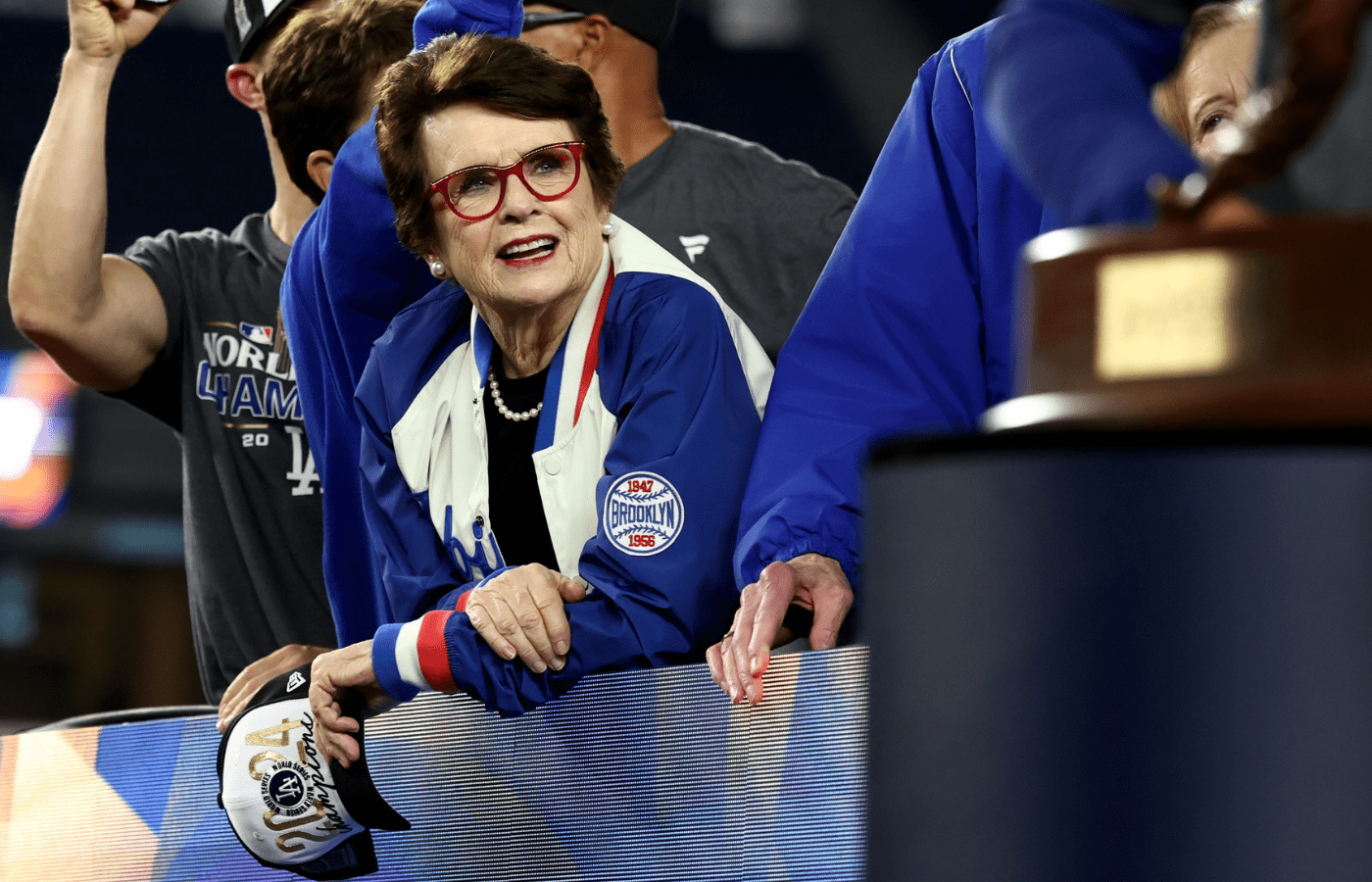 Oct 31, 2024; New York, New York, USA; Los Angeles Dodgers minority owner Billie Jean King celebrates after winning the 2024 MLB World Series against the New York Yankees at Yankee Stadium. Mandatory Credit: Vincent Carchietta-Imagn Images