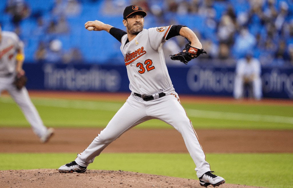 altimore Orioles starting pitcher Matt Harvey (32) pitches against the Toronto Blue Jays during the first inning at Rogers Centre.