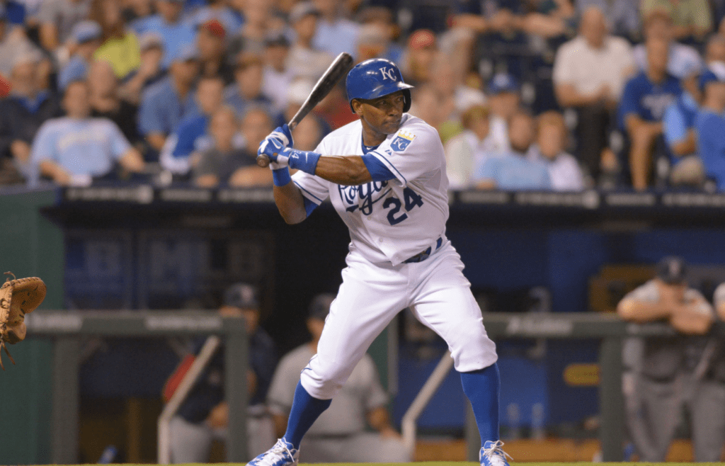 Aug 8, 2013; Kansas City, MO, USA; Kansas City Royals third baseman Miguel Tejada (24) at bat against the Boston Red Sox at Kauffman Stadium. The Royals won 5-1. Mandatory Credit: Denny Medley-Imagn Images