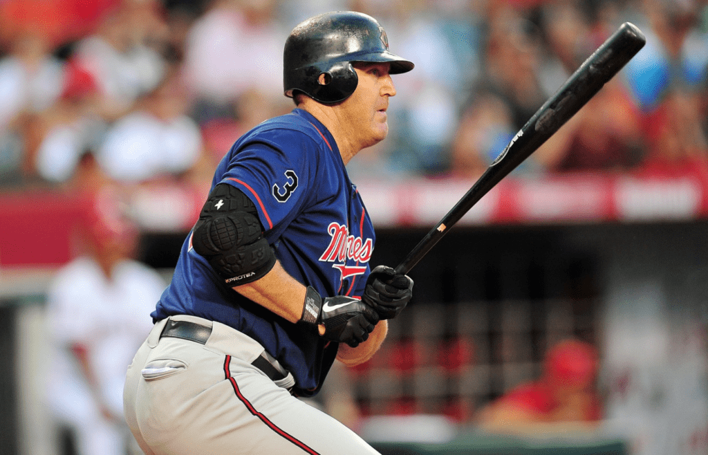 August 2, 2011; Anaheim, CA, USA; Minnesota Twins designated hitter Jim Thome (25) grounds out into a double play in the second inning against the Los Angeles Angels at Angel Stadium. Mandatory Credit: Gary A. Vasquez-Imagn Images