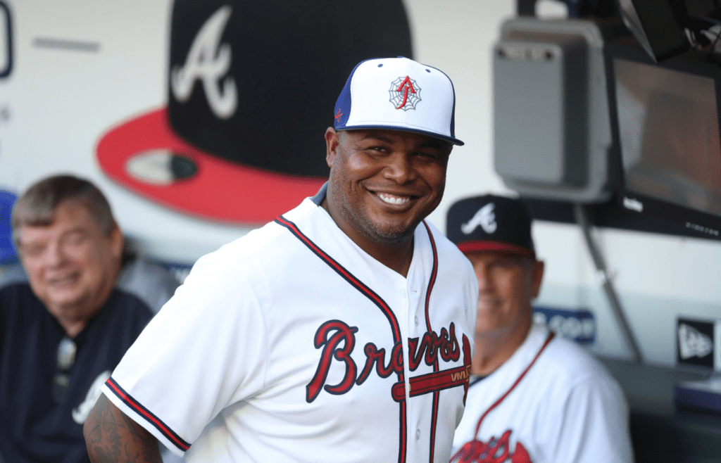 Jul 23, 2019; Atlanta, GA, USA; Atlanta Braves former outfielder Andruw Jones is shown before their game against the Kansas City Royals at SunTrust Park. Mandatory Credit: Jason Getz-Imagn Images