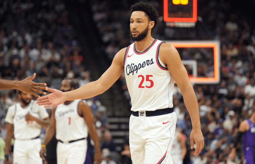 Apr 11, 2025; Sacramento, California, USA; Los Angeles Clippers guard Ben Simmons (25) at the end of the first quarter against the Sacramento Kings at Golden 1 Center. Mandatory Credit: Darren Yamashita-Imagn Images