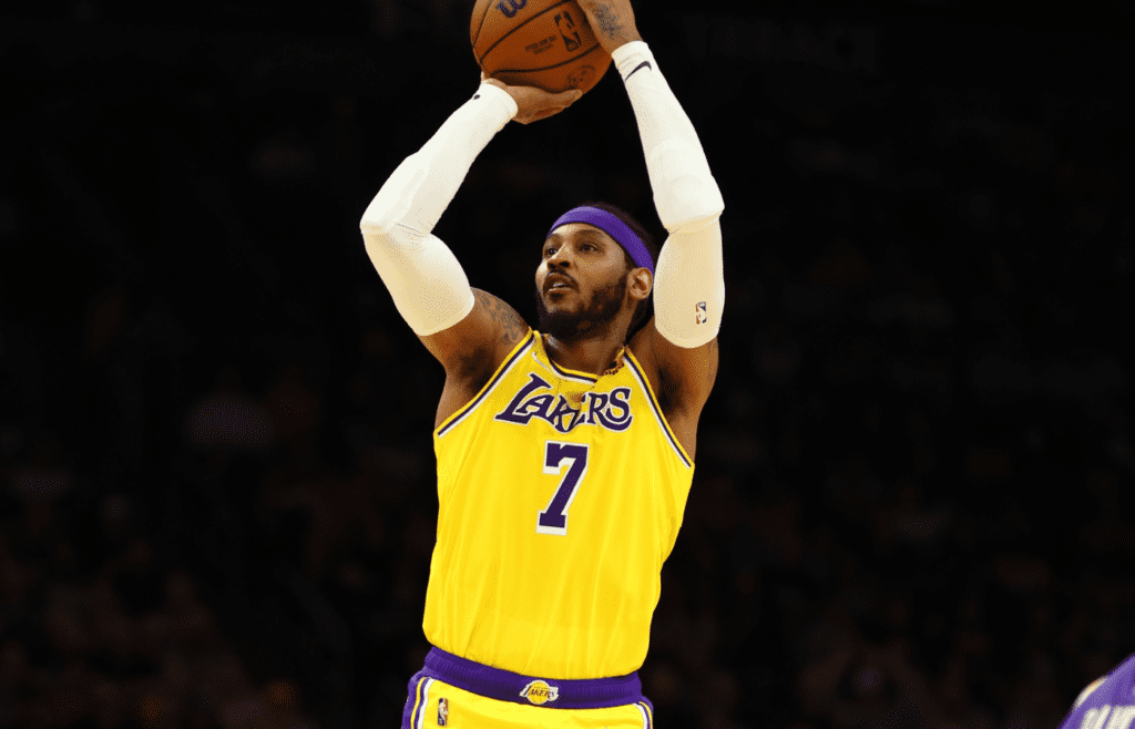 Apr 5, 2022; Phoenix, Arizona, USA; Los Angeles Lakers forward Carmelo Anthony (7) against the Phoenix Suns at Footprint Center. Mandatory Credit: Mark J. Rebilas-Imagn Images