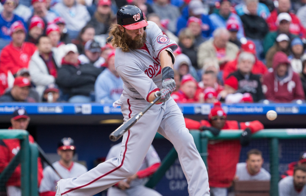 Apr 7, 2017; Philadelphia, PA, USA; Washington Nationals left fielder Jayson Werth (28) hits a three run home run during the fifth inning against the Philadelphia Phillies at Citizens Bank Park. Mandatory Credit: Bill Streicher-Imagn Images