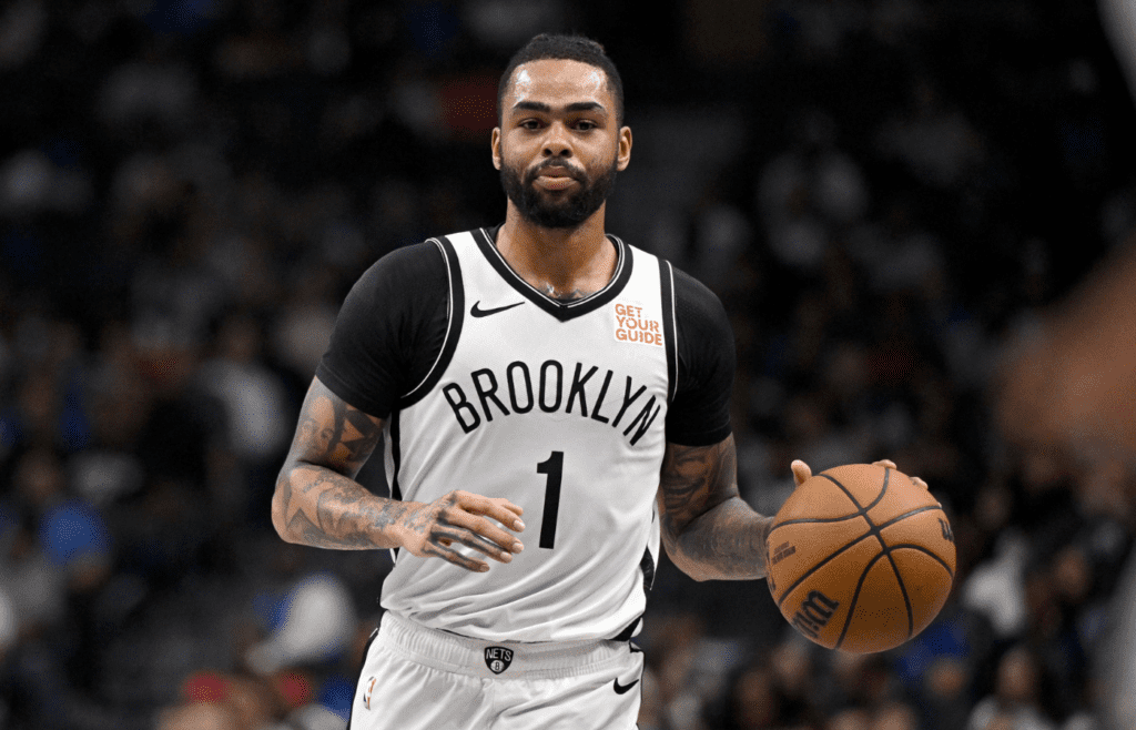 Mar 31, 2025; Dallas, Texas, USA; Brooklyn Nets guard D'Angelo Russell (1) in action during the game between the Dallas Mavericks and the Brooklyn Nets at the American Airlines Center. Mandatory Credit: Jerome Miron-Imagn Images