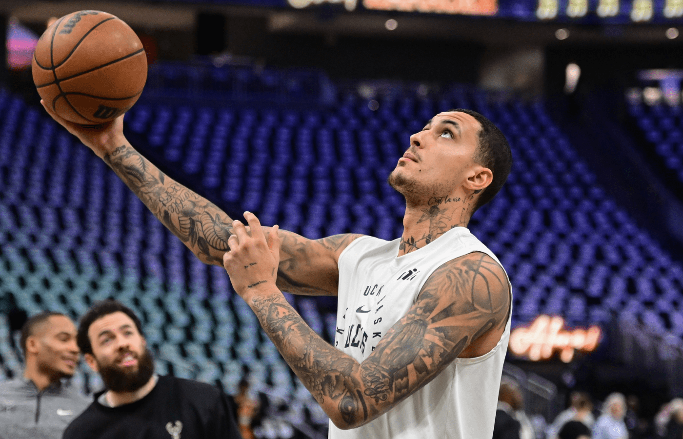 Apr 27, 2025; Milwaukee, Wisconsin, USA; Milwaukee Bucks forward Kyle Kuzma (18) warms up before game four of first round for the 2024 NBA Playoffs against the Indiana Pacers at Fiserv Forum. Mandatory Credit: Benny Sieu-Imagn Images