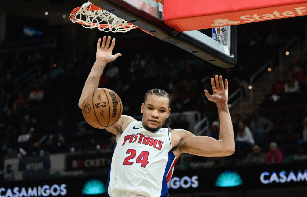 Nov 17, 2023; Cleveland, Ohio, USA; Detroit Pistons forward Kevin Knox II (24) dunks during the second half against the Cleveland Cavaliers at Rocket Mortgage FieldHouse. Mandatory Credit: Ken Blaze-Imagn Images