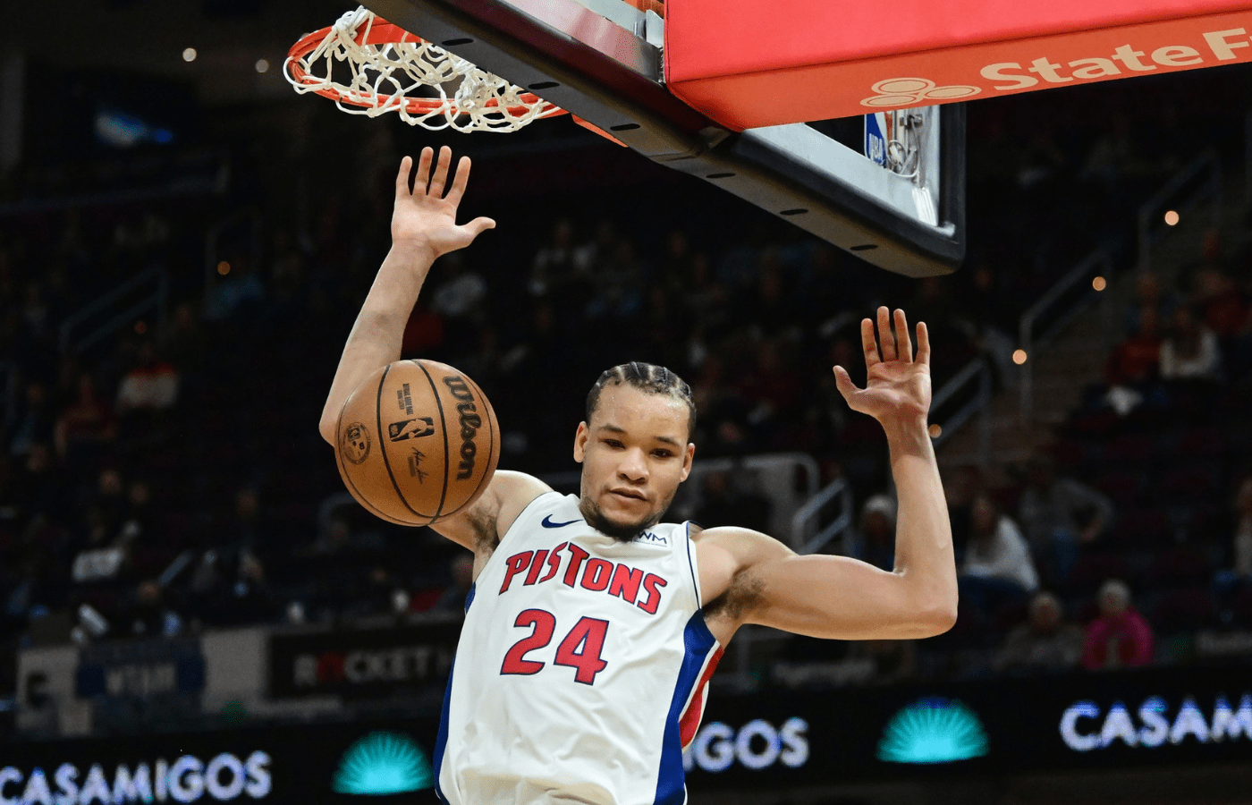 Nov 17, 2023; Cleveland, Ohio, USA; Detroit Pistons forward Kevin Knox II (24) dunks during the second half against the Cleveland Cavaliers at Rocket Mortgage FieldHouse. Mandatory Credit: Ken Blaze-Imagn Images
