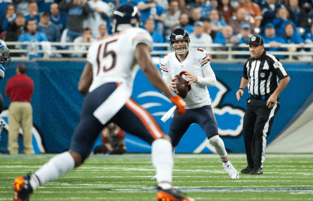 Nov 27, 2014; Detroit, MI, USA; Chicago Bears quarterback Jay Cutler (6) looks to pass to wide receiver Brandon Marshall (15) during the second quarter against the Detroit Lions at Ford Field.