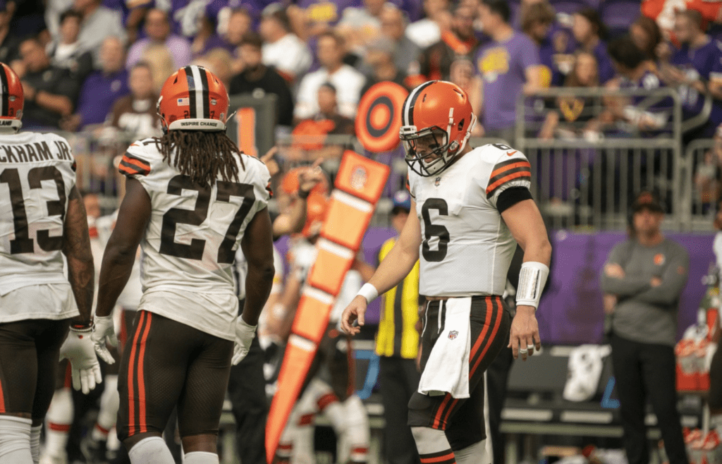 Cleveland Browns quarterback Baker Mayfield (6) heads to the huddle with running back Kareem Hunt (27) and wide receiver Odell Beckham Jr. (13) in the second quarter at U.S. Bank Stadium.