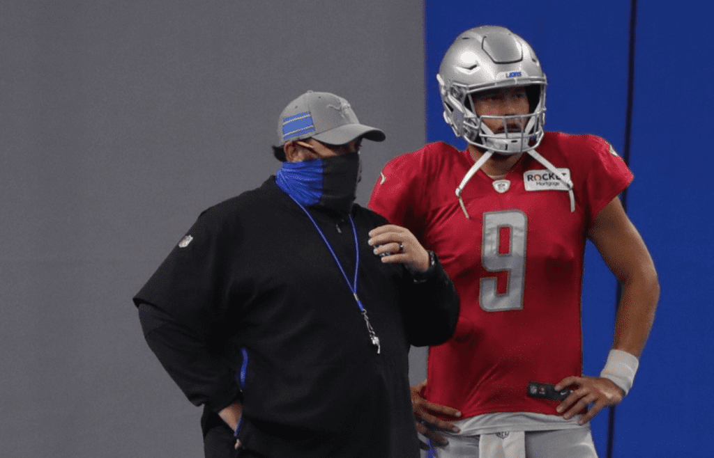 Detroit Lions quarterback Matthew Stafford talks with head coach Matt Patricia during practice at Ford Field, Sept. 2, 2020. Matt Patricia, Matthew Stafford