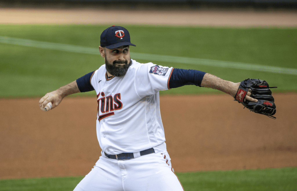 May 24, 2021; Minneapolis, Minnesota, USA; Minnesota Twins starting pitcher Matt Shoemaker (32) delivers a pitch in the first inning against the Baltimore Orioles at Target Field. Mandatory Credit: Jesse Johnson-Imagn Images