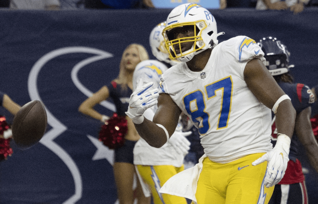 Dec 26, 2021; Houston, Texas, USA; Los Angeles Chargers tight end Jared Cook (87) celebrates after a successful two point conversion against the Houston Texans in the fourth quarter at NRG Stadium. Mandatory Credit: Thomas Shea-Imagn Images