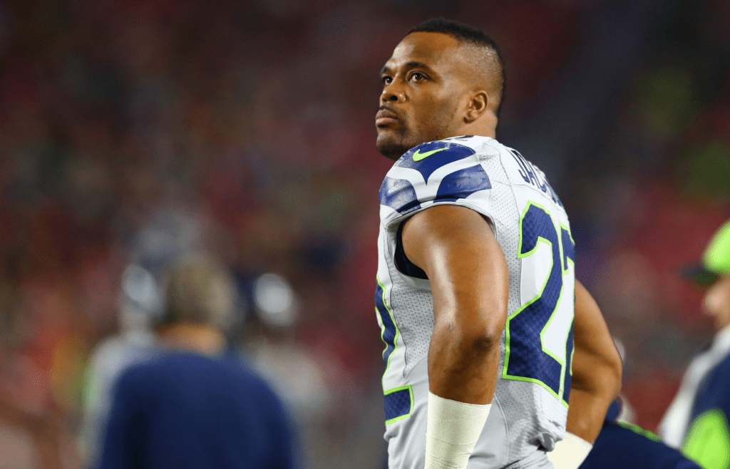 Jan 3, 2016; Glendale, AZ, USA; Seattle Seahawks running back Fred Jackson (22) against the Arizona Cardinals at University of Phoenix Stadium. Mandatory Credit: Mark J. Rebilas-Imagn Images