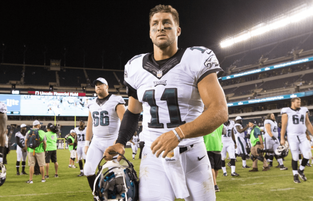 Aug 22, 2015; Philadelphia, PA, USA; Philadelphia Eagles quarterback Tim Tebow (11) walks off the field after a victory against the Baltimore Ravens at Lincoln Financial Field. The Eagles won 40-17. Mandatory Credit: Bill Streicher-Imagn Images