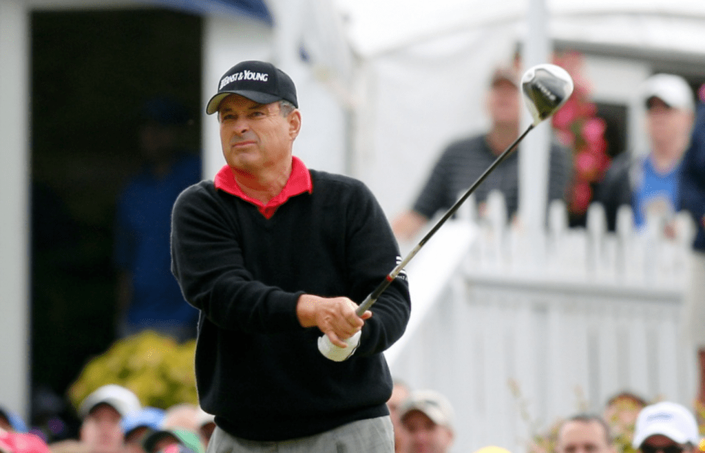 May 25, 2013; St. Louis, MO, USA; Loren Roberts follows through on his tee shot on the 1st hole during third round of the 74th Senior PGA Championship at Bellerive Country Club. Mandatory Credit: Scott Kane-Imagn Images