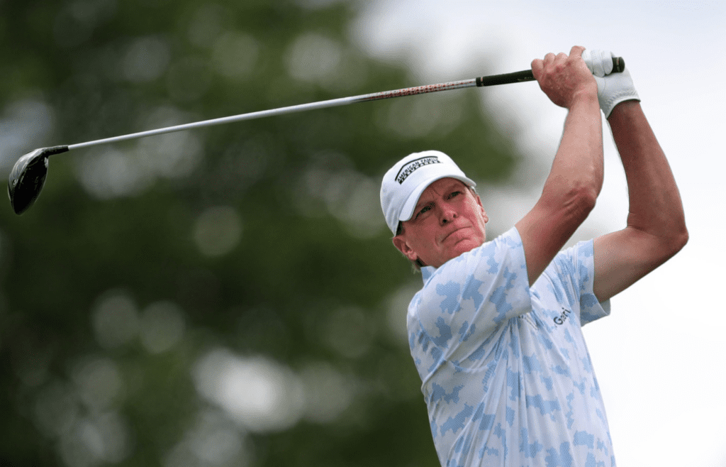 Steve Stricker watches his shot from the tee on the eighth hole during the first round of the Kaulig Companies Championship at Firestone Country Club, Thursday, July 11, 2024, in Akron, Ohio.