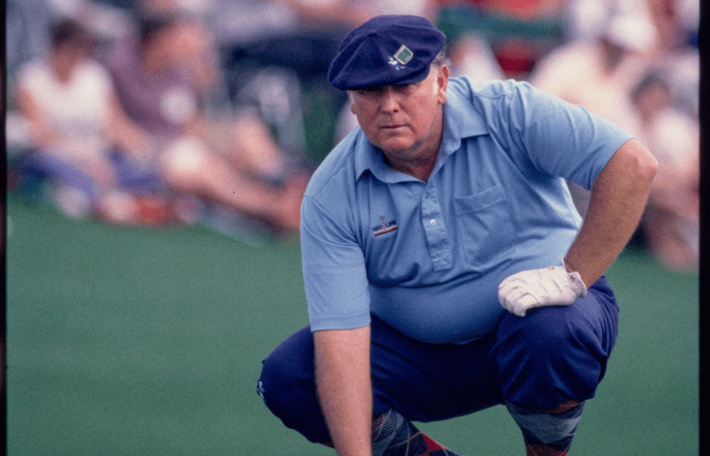 04/12/1985; Augusta, Georgia, USA; Billy Casper lines up putt at the Augusta National Golf Course during the 1985 Masters. Mandatory Credit: File Photo -The Augusta Chronicle via USA TODAY NETWORK
