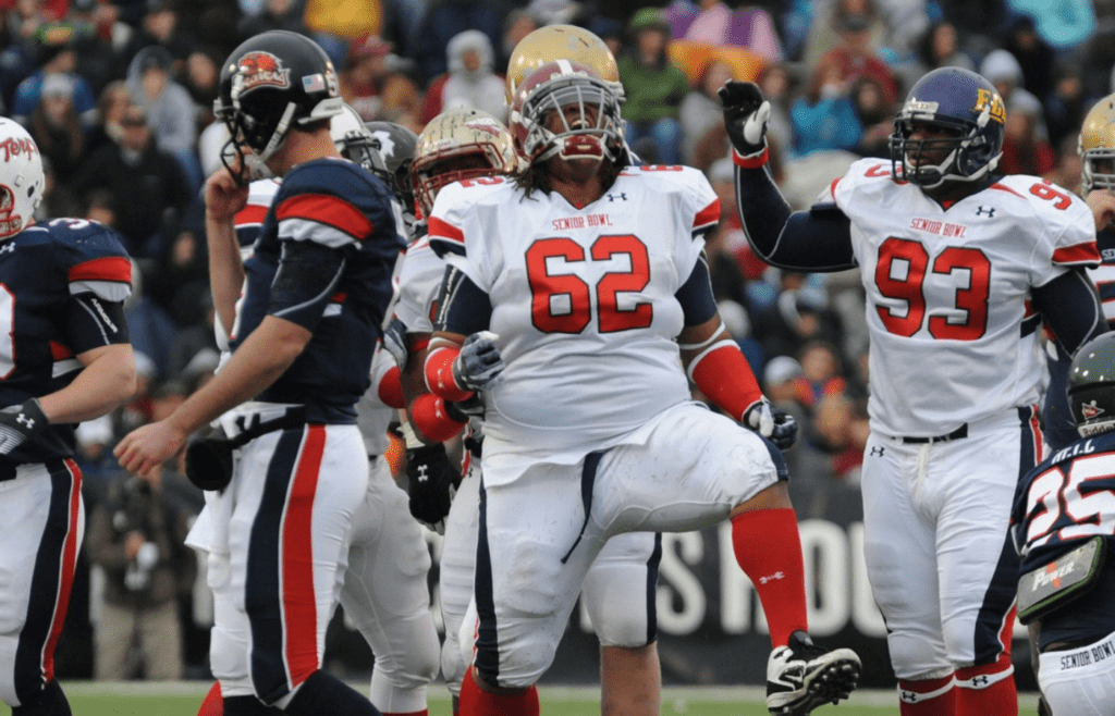 Senior Bowl South squad member, No. 62 Terrence Cody, celebrates a tackle against the North squad during the 2010 Under Armour Senior Bowl played Saturday in Mobile, Alabama