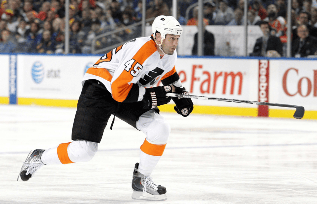 Jan 11, 2011; Buffalo, NY, USA; Philadelphia Flyers left wing Jody Shelley (45) in play against the Buffalo Sabres at the HSBC Arena. Mandatory Credit: Kevin Hoffman-Imagn Images