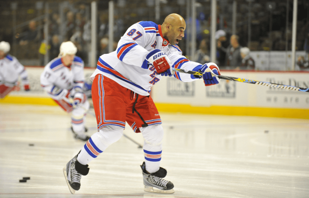 Jan 31, 2010; Denver, CO, USA; New York Rangers left wing Donald Brashear (87) warms up before the game against the Colorado Avalanche at the Pepsi Center. Mandatory Credit: Ron Chenoy-Imagn Images