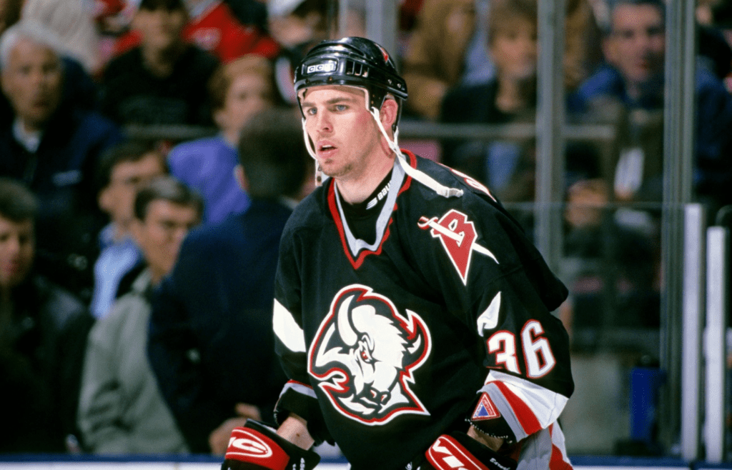 Apr 15, 1998; East Rutherford, NJ, USA; FILE PHOTO; Buffalo Sabres right wing Matthew Barnaby (36) on the ice against the New Jersey Devils at Continental Airlines Arena. Mandatory Credit: Lou Capozzola-USA TODAY NETWORK