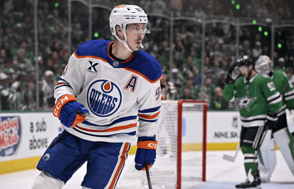 Edmonton Oilers center Ryan Nugent-Hopkins (93) reacts after scoring a goal against the Dallas Stars in the first period for game two of the Western Conference Final of the 2025 Stanley Cup Playoffs at American Airlines Center.