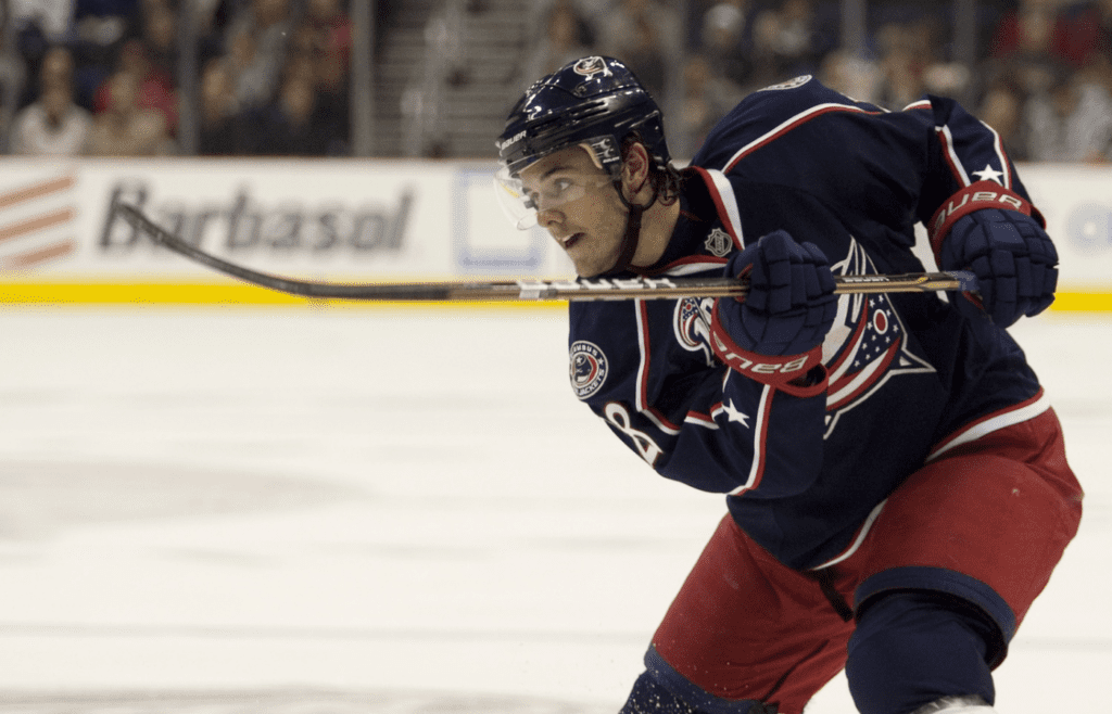 Columbus Blue Jackets left wing Nikita Filatov (28) fires a shot on goal against Anaheim Ducks at Nationwide Arena. Columbus won the game 3-1.