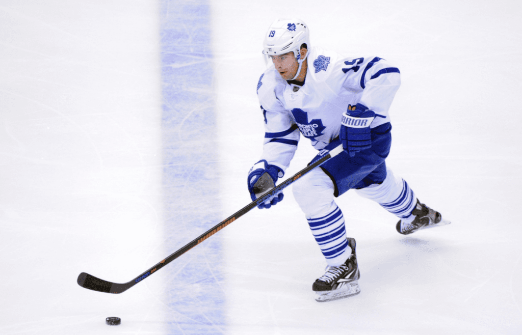 Toronto Maple Leafs right wing Joffrey Lupul (19) carries the puck during the first period against the Arizona Coyotes at Gila River Arena.