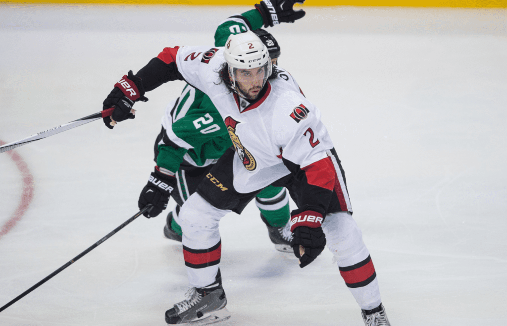 Nov 24, 2015; Dallas, TX, USA; Ottawa Senators defenseman Jared Cowen (2) skates against the Dallas Stars during the game at the American Airlines Center. The Senators defeat the Stars 7-4. Mandatory Credit: Jerome Miron-Imagn Images