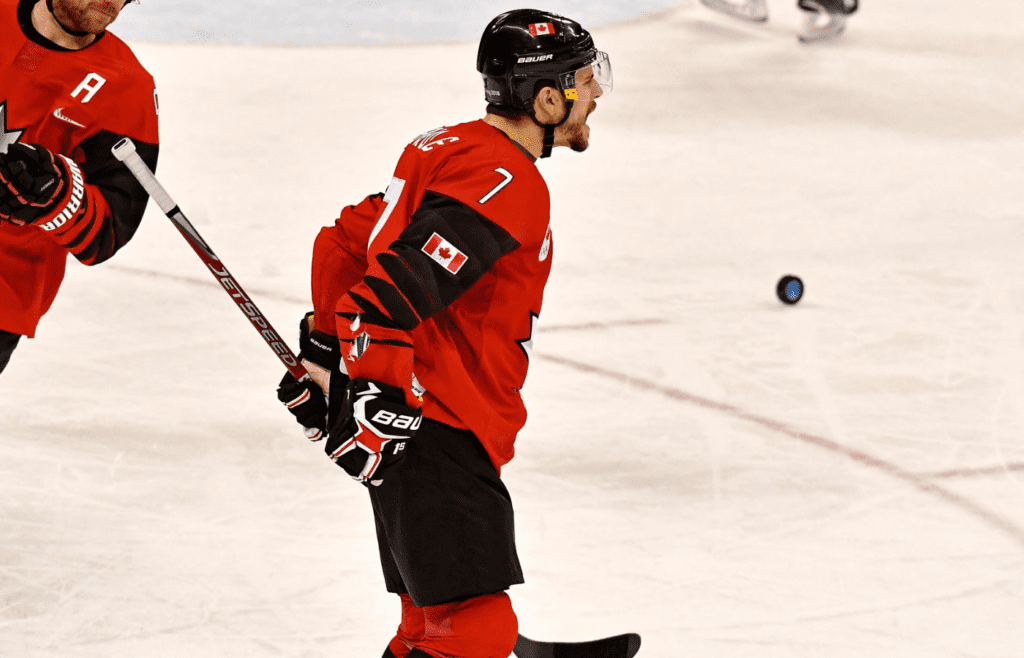 Canada forward Gilbert Brule (7) celebrates scoring a goal against Germany in the men's ice hockey semifinals during the Pyeongchang 2018 Olympic Winter Games at Gangneung Hockey Centre.