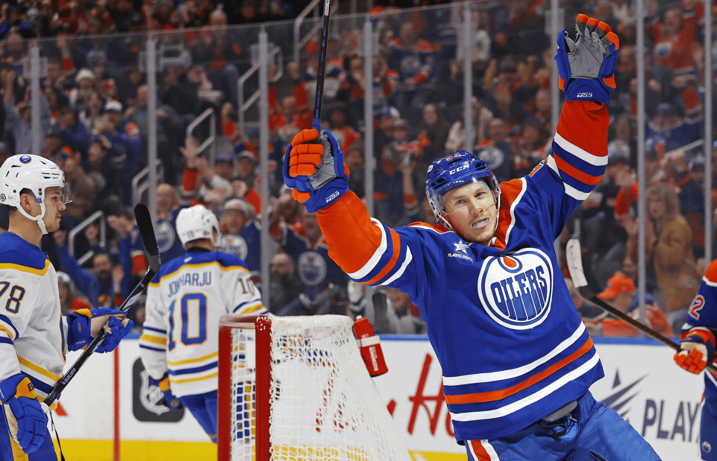 Edmonton Oilers forward Jeff Skinner (53) celebrates after scoring a goal against the Buffalo Sabres at Rogers Place.