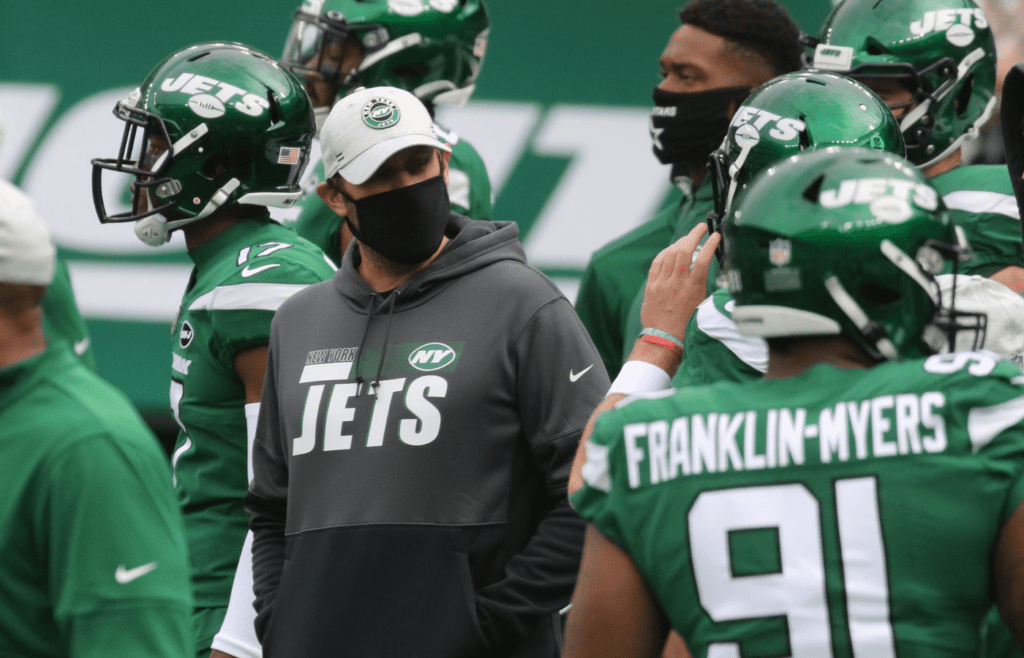 Jets head coach Adam Gase during pre game warm ups as the Buffalo Bills met the New York Jets at Metlife Stadium in East Rutherford, New Jersey on October 25, 2020. The Buffalo Bills Vs The New York Jets At Metlife Stadium In East Rutherford New Jersey On October 25 2020
