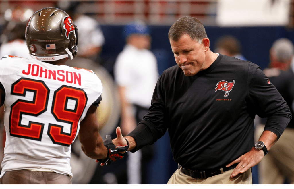 Tampa Bay Buccaneers head coach Greg Schiano greets cornerback Leonard Johnson (29) prior to a game against the St. Louis Rams at the Edward Jones Dome.