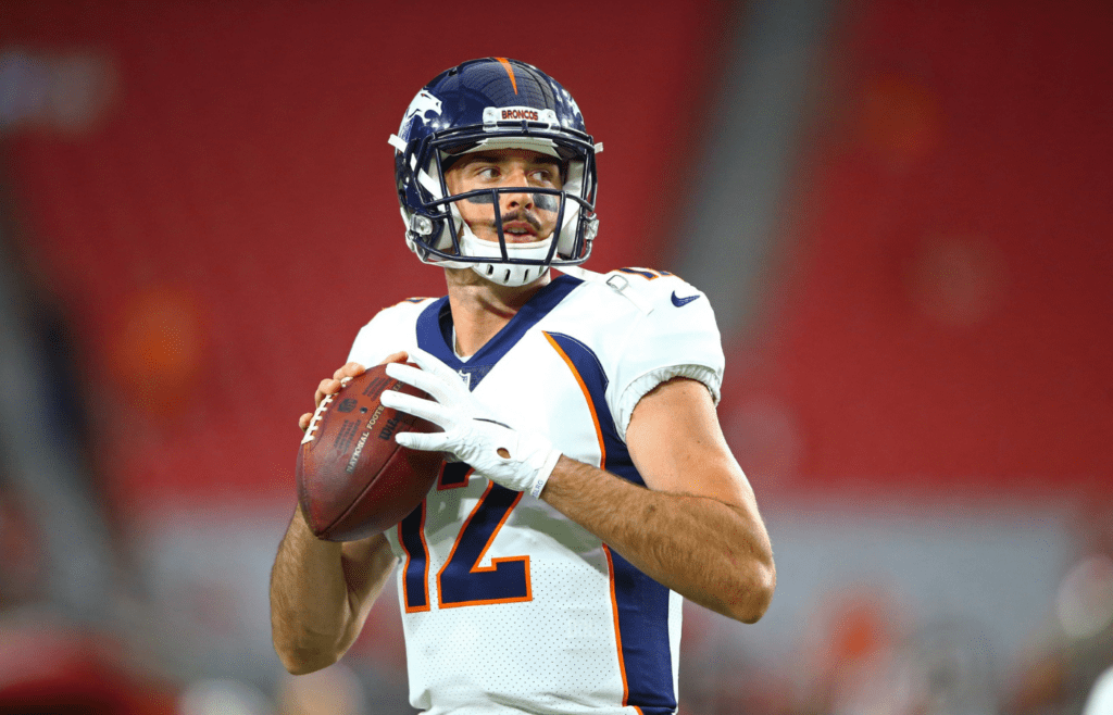 Glendale, AZ, USA; Denver Broncos quarterback Paxton Lynch (12) against the Arizona Cardinals during a pre season game at University of Phoenix Stadium.