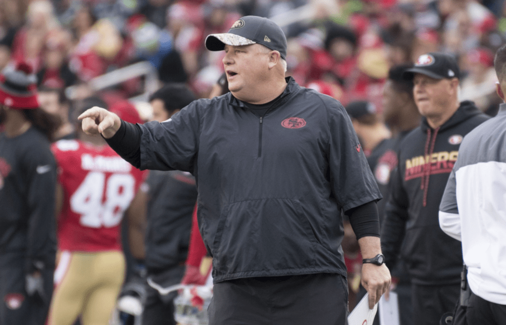 San Francisco 49ers head coach Chip Kelly instructs against the Seattle Seahawks during the second quarter at Levi's Stadium.