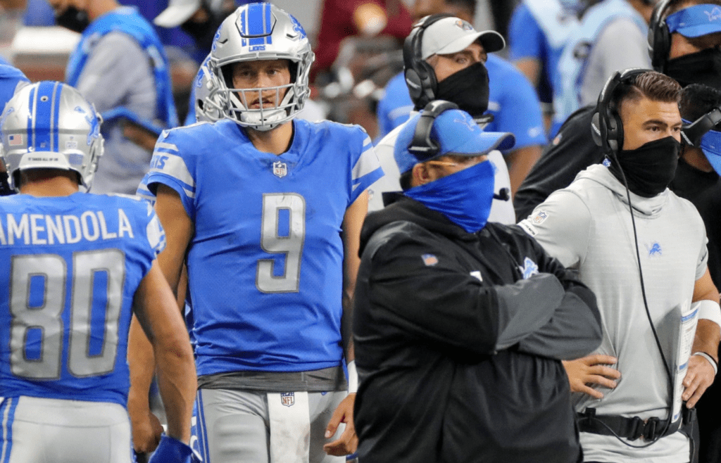 Detroit Lions quarterback Matthew Stafford and head coach Matt Patricia on the sidelines during second half action against the New Orleans Saints Sunday, October 4, 2020 at Ford Field in Detroit.