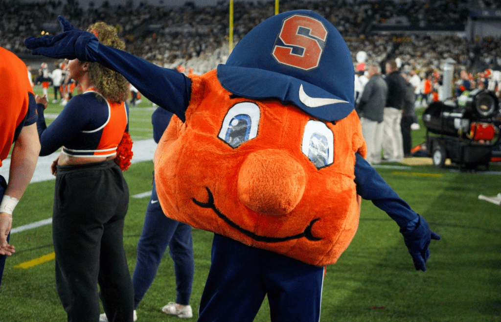 Nov 18, 2023; Atlanta, Georgia, USA; Syracuse Orange mascot Otto the Orange on the sideline against the Georgia Tech Yellow Jackets in the second half at Bobby Dodd Stadium at Hyundai Field. Mandatory Credit: Brett Davis-Imagn Images