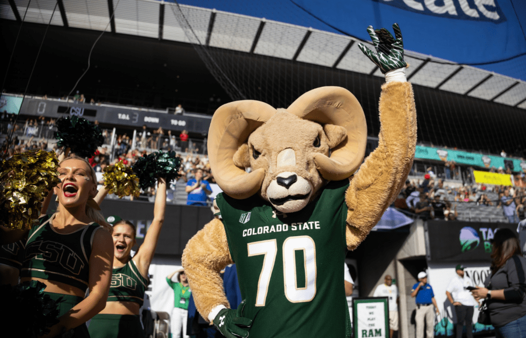 Dec 28, 2024; Tucson, AZ, USA; Colorado State Rams mascot CAM the Ram during the Snoop Dogg Arizona Bowl at Arizona Stadium. Mandatory Credit: Mark J. Rebilas-Imagn Images