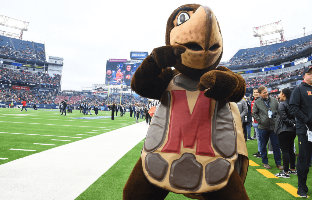 Dec 30, 2023; Nashville, TN, USA; The Maryland Terrapins mascot Testudo dances before the game against the Auburn Tigers at Nissan Stadium. Mandatory Credit: Christopher Hanewinckel-Imagn Images