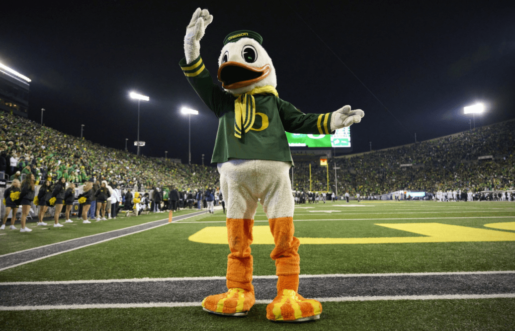 Nov 30, 2024; Eugene, Oregon, USA; Puddles the Oregon Ducks mascot takes a bow during the second half against the Washington Huskies at Autzen Stadium. Mandatory Credit: Troy Wayrynen-Imagn Images