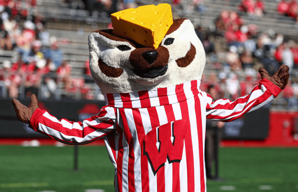 Oct 12, 2024; Piscataway, New Jersey, USA; Wisconsin Badgers mascot, Bucky Badger, wears a chess head hat during the second half against the Rutgers Scarlet Knights at SHI Stadium. Mandatory Credit: Vincent Carchietta-Imagn Images