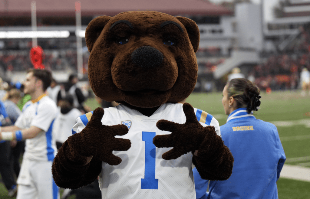 Oct 14, 2023; Corvallis, Oregon, USA; UCLA Bruins mascot Joe Bruin poses during the game during the first half against the Oregon State Beavers at Reser Stadium. Mandatory Credit: Soobum Im-Imagn Images