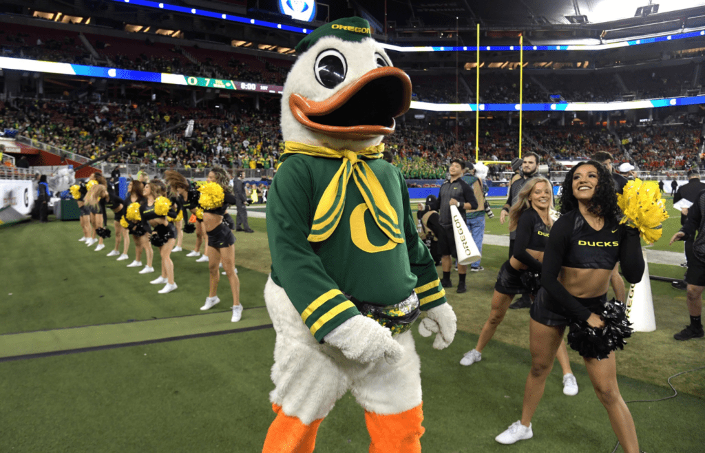 Dec 6, 2019; Santa Clara, CA, USA; Oregon Ducks mascot Puddles gestures in the first half during the Pac-12 Conference championship game against the Utah Utes at Levi's Stadium. Mandatory Credit: Kirby Lee-Imagn Images