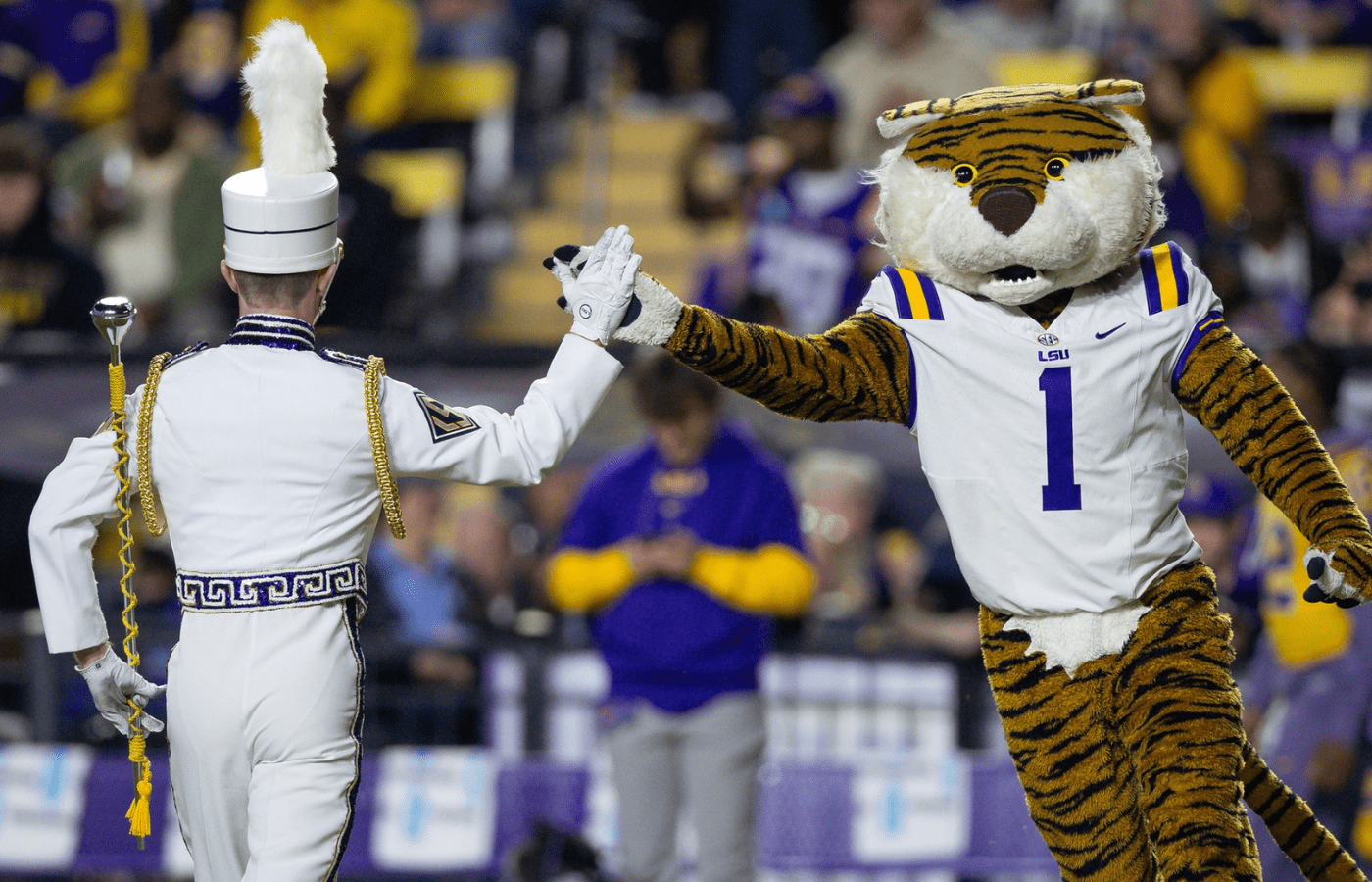 Nov 23, 2024; Baton Rouge, Louisiana, USA; LSU Tigers mascot Mike the Tiger against the Vanderbilt Commodores during the first half at Tiger Stadium. Mandatory Credit: Stephen Lew-Imagn Images