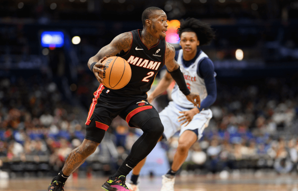 Mar 31, 2025; Washington, District of Columbia, USA; Miami Heat guard Terry Rozier (2) drives to the basket during the second quarter against the Washington Wizards at Capital One Arena. Mandatory Credit: Reggie Hildred-Imagn Images