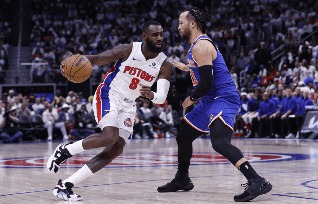 May 1, 2025; Detroit, Michigan, USA; Detroit Pistons forward Tim Hardaway Jr. (8) dribbles defended by New York Knicks guard Jalen Brunson (11) in the second half during game six of first round for the 2024 NBA Playoffs at Little Caesars Arena. Mandatory Credit: Rick Osentoski-Imagn Images