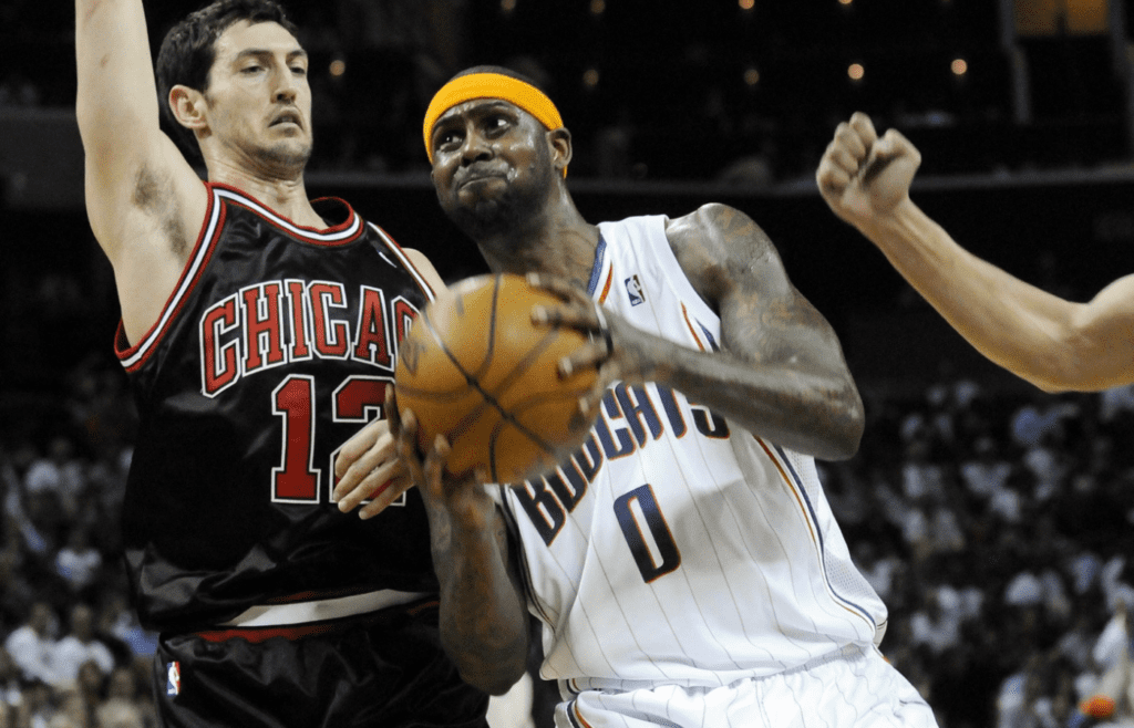 April 14, 2010; Charlotte, NC, USA; Charlotte Bobcats guard Larry Hughes (0) drives to the basket while playing against the Chicago Bulls at Time Warner Cable Arena. Mandatory Credit: Sam Sharpe-Imagn Images