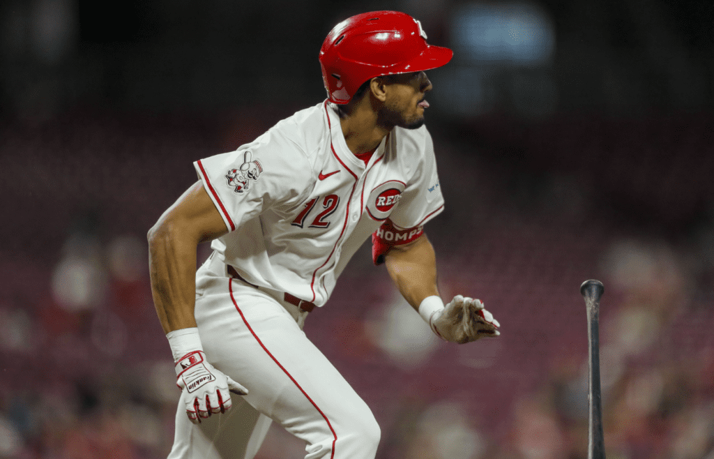 Apr 8, 2024; Cincinnati, Ohio, USA; Cincinnati Reds outfielder Bubba Thompson (12) runs the bases after hitting a double against the Milwaukee Brewers in the seventh inning at Great American Ball Park. Mandatory Credit: Katie Stratman-Imagn Images