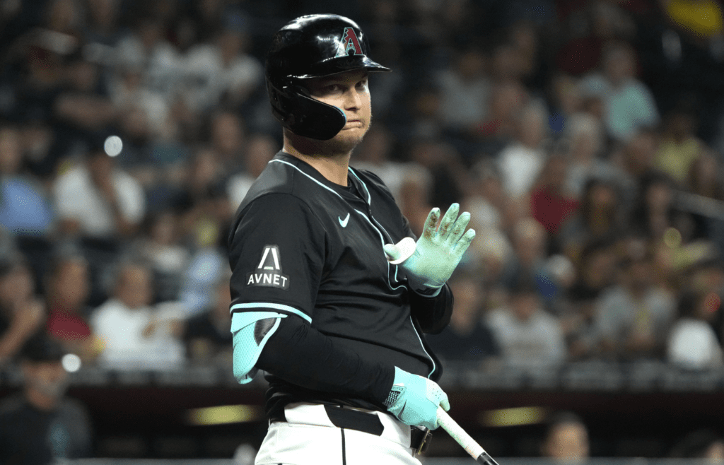 Jun 5, 2024; Phoenix, Arizona, USA; Arizona Diamondbacks shortstop Blaze Alexander (9) reacts the San Francisco Giants dugout after hitting a foul ball that way in the first inning at Chase Field. Mandatory Credit: Rick Scuteri-Imagn Images